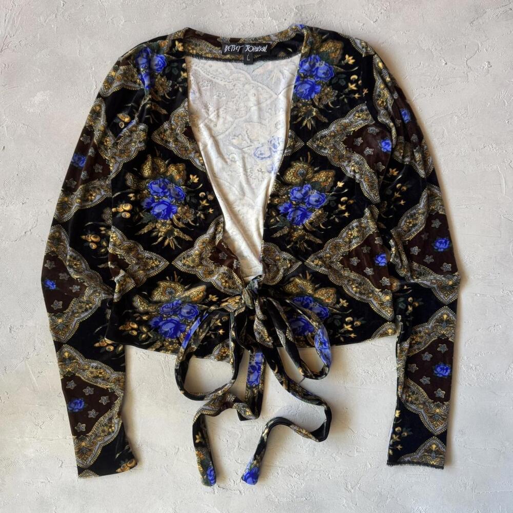 Vintage 1990s Betsey Johnson Brown and Blue Floral Tie Front Velour Cardigan